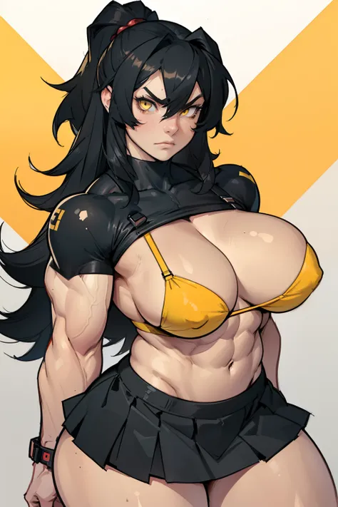 (((((muscular 1 girl))))), (((thick thighs, huge breasts, toned body 1 girl))), black hair, yellow eyes, angry, (tiny bra skirt very long hair pale skin) navel