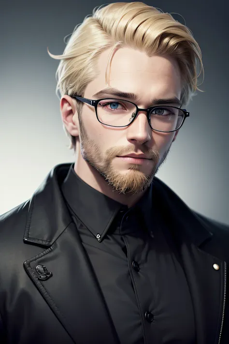 blond man with glasses and beard wearing black jacket and black shirt, realistic