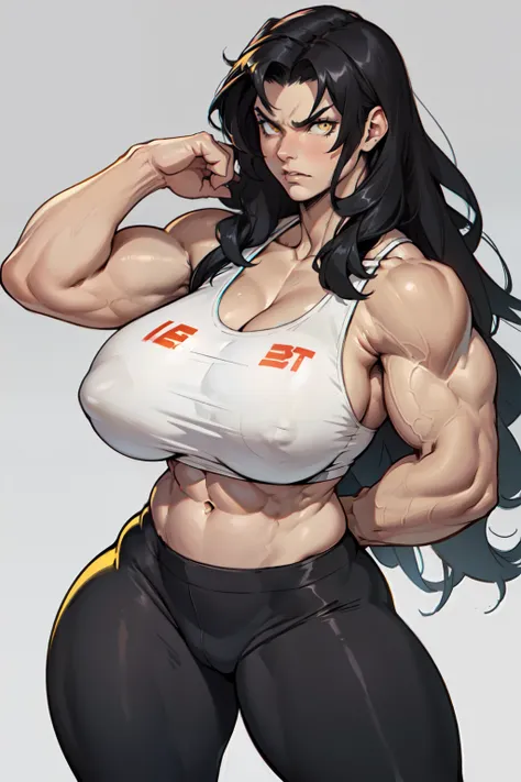 (((((muscular))))), (((thick thighs, huge breasts, toned body, 1 girl))), black hair, pale skin, yellow eyes, angry, very long hair, (bra leggings hero pose)