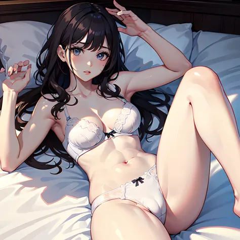 (((Lying on your back in bed:1.4)))、laying on back、((White bra:1.4))、((White panties:1.4))、One-person viewpoint, (masutepiece:1.3), High resolution, ultra-detailliert, the Extremely Detailed CG Unity 8K Wallpapers, Realistic, Photorealsitic, Raw photo, bea...