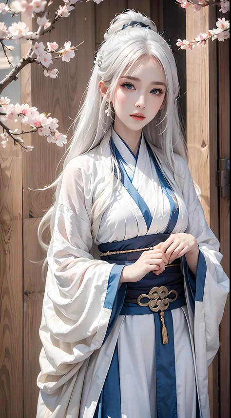 high resolution, 1women, solo, shining skin, jewelry, waist up, white hair, blue eyes, hanfu, taoist robe, cherry blossom