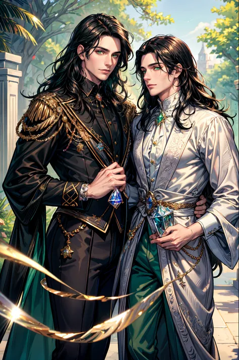 (masterpiece, best quality, highres, ultra-detailed), 2male,gay male relationship, adult, mature, wavy black hair, green eyes, p...