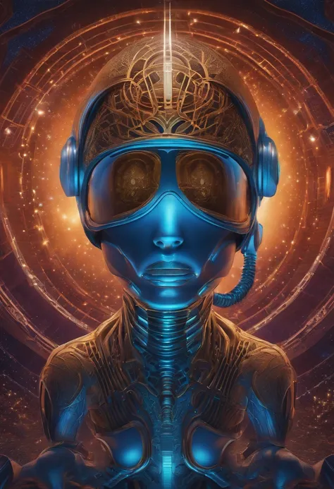 a futuristic 3D alien with a headset standing in front of a blue background, complex cybernetic beings, an alien musician lost in space, dmt entity, galactic dmt entity, dmt entity; LSD art, DMT background, alien musician, DMT!!!!!!, Dan Mumford and Alex G...