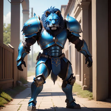 Cute blue lion warrior in realistic 4K armor, full entire body,Super Detailed, Vray Display, Unrealistic engine, Midjourney Art Style.