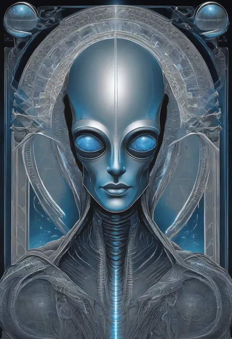 "Please create an image of a gray but silver blue shaped alien scientist in cartoon style wearing futuristic clothing standing in front of a blue background. The image should be digital art inspired by Andrei Kolkoutine, Tumblr, psychedelic art and sacred ...