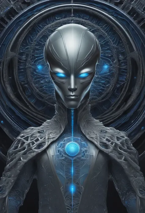 "Please create an image of a gray but silver blue shaped alien scientist in cartoon style wearing futuristic clothing standing in front of a blue background. The image should be digital art inspired by Andrei Kolkoutine, Tumblr, psychedelic art and sacred ...