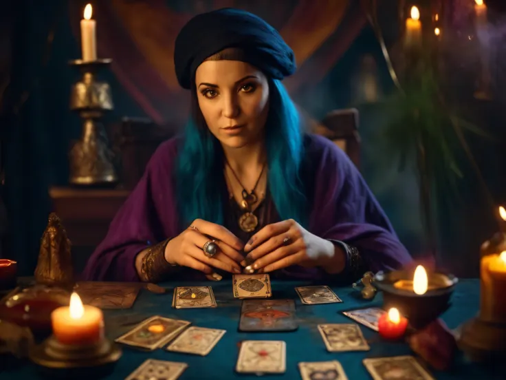 Arrogant woman with blue hair sitting at a table with candles and tarot cards, wizard doing a tarot reading, adivinho, spell casting wizard, spell casting, tarot card enviroment, maga feminina de fantasia sombria, mulher feiticeira, Female mage conjuring a...