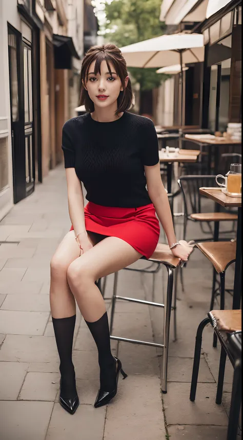 (Best Quality,4K,8K,hight resolution,masutepiece:1.2),Ultra-detailed,(Realistic,Photorealistic,Photorealsitic:1.37),Beautiful French woman,Sitting,Red very short skirt,Street Side Cafe Chair,Black stockings,Long legs,light freckles