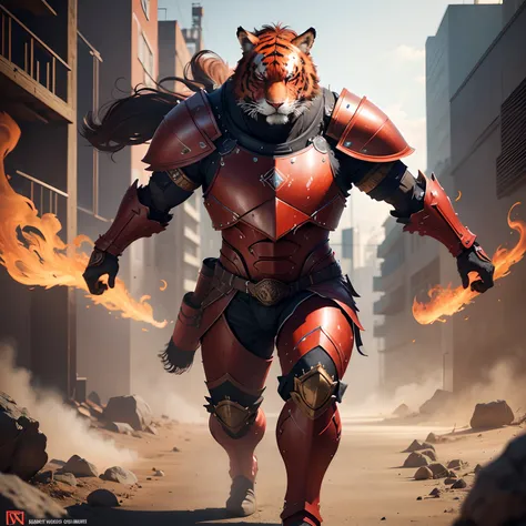 Red tiger warrior in realistic 4K armor, full entire body,Super Detailed, Vray Display, Unrealistic engine, Midjourney Art Style.