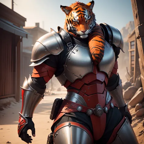 Red tiger warrior in realistic 4K armor, full entire body,Super Detailed, Vray Display, Unrealistic engine, Midjourney Art Style.