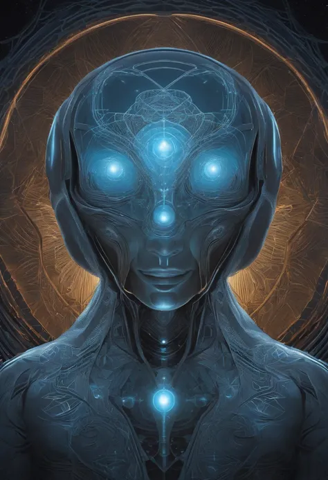 "Please create an image of a gray but silver blue shaped alien scientist in cartoon style wearing futuristic clothing standing in front of a blue background. The image should be digital art inspired by Andrei Kolkoutine, Tumblr, psychedelic art and sacred ...