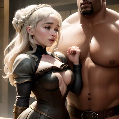 Emilia Clarke with Large breast making out with a muscular shirtless black man