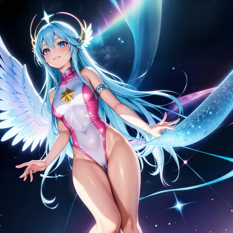 Super Idol　a beauty girl　A charming smile　sky blue hair　length hair　Twin-tailed　Glittery bright pink and white and blue and yellow leotards　Facing straight ahead and spreading hands wide　Spreading six large iridescent angel wings on its back　Mystical　Spect...