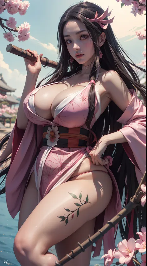 ultra realistic photo of nezuko kamado goddess of beauty, 8k, uhd, hottie with ultra giant breasts, huge long breasts sticking o...