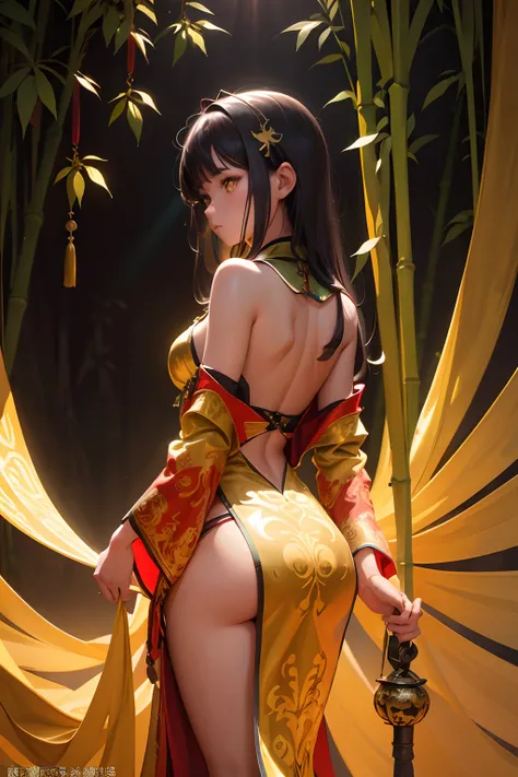 The back of a girl wearing a dark green cloak in the bamboo forest，The cloak has gold ornaments，Sense of religion，divino，Chinese tradition，holy rays，Artistically，mistic，The picture comes to life，Creative composition，The picture is full of light，Screen tran...