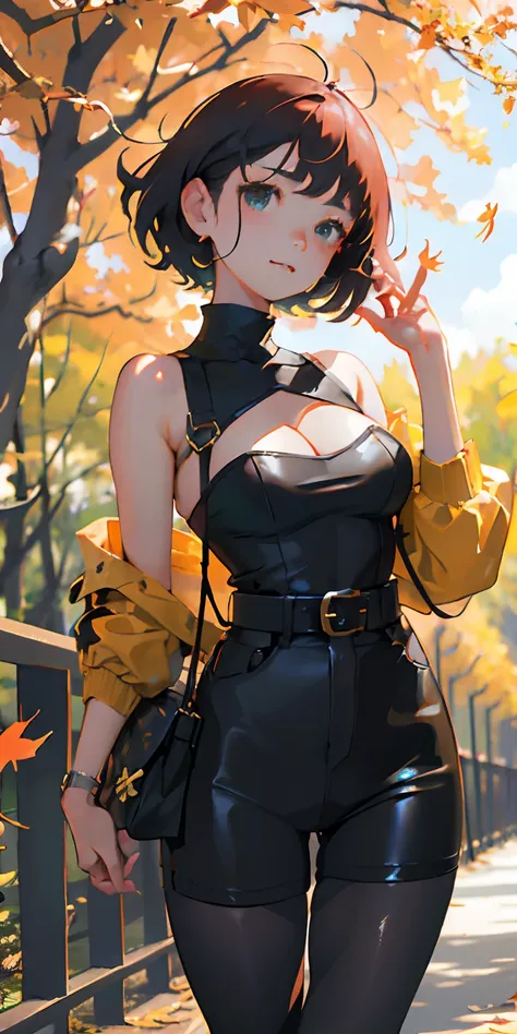 realisticlying、girl with、Outdoor Fashion、Autumn leaves Autumn leaves、Beautiful ginkgo tree、Slightly larger breasts with an emphasis on cleavage、Sexy Posing、Nature views