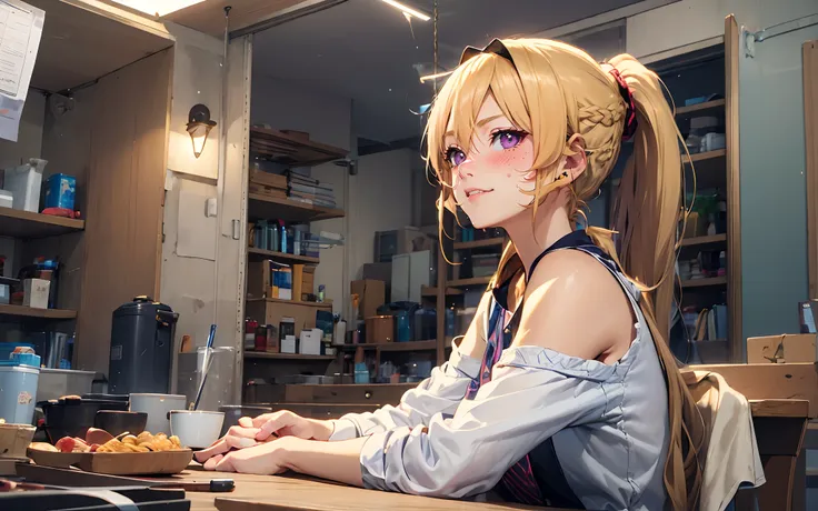 erina, (blonde hairr long hair, ponytail:1.7), 1girl, virtual_youtuber, breasts, solo, bare_shoulders, looking_at_viewer, earrin...