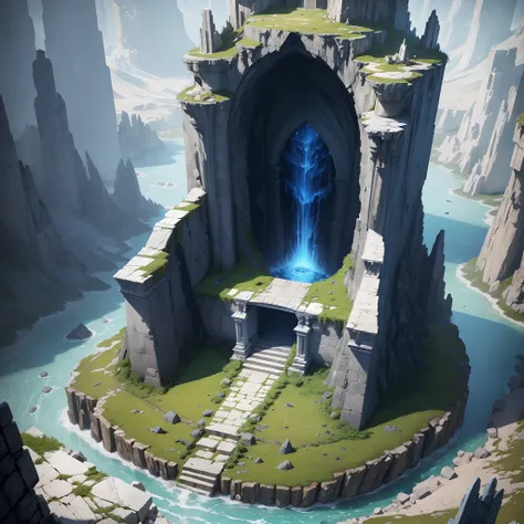 Looking down from above at a tall throne made of sapphire rock, throne is submerged deep into a sinkhole, the upper part of throne is touching the edges of sinkhole, dark dungeon epic scene under the collapsed ground