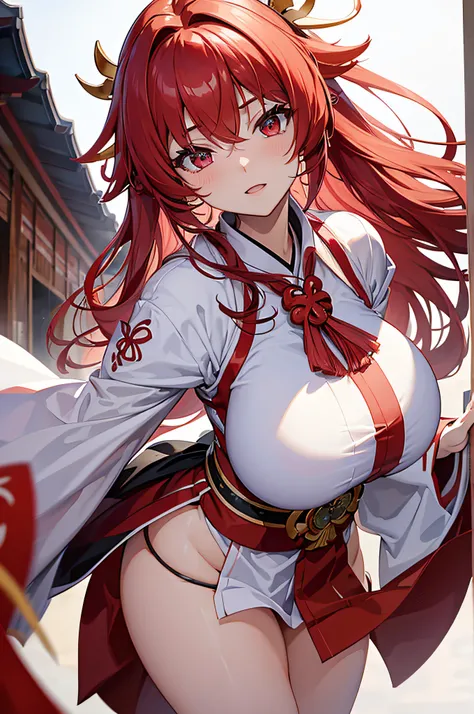 4K,hight resolution,One Woman,Bright red hair,Longhaire,thighs thighs thighs thighs,Huge breasts,close up,shrine maiden,nontraditional miko,White kimono,Detached sleeves,with a pure white background,without background