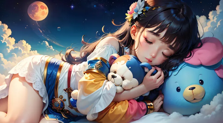 colorful、on clouds、kosmos、Big Moon、realistic、The girl is sleeping、Only one stuffed animal、超A high resolution