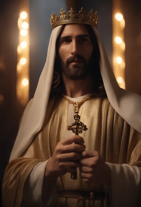 Jesus is the King, , Unreal 5, hyperrealistic, dynamic lighting, 
fantasy art, cut off head, cut off hair, cut of hairstyle, cur crown, Jesus holding a golden key in his hand