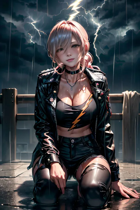 (Lightning illuminating the dark sky:1.7),Stormy night, (Rain pouring down on a tomboy:1.3),  creating a dramatic and moody atmosphere.
Drenched tomboy,piercings,Punk rock fashion,Open jacket with chain,Punk rock shirts,Punk rock pants with chain,Chain Acc...