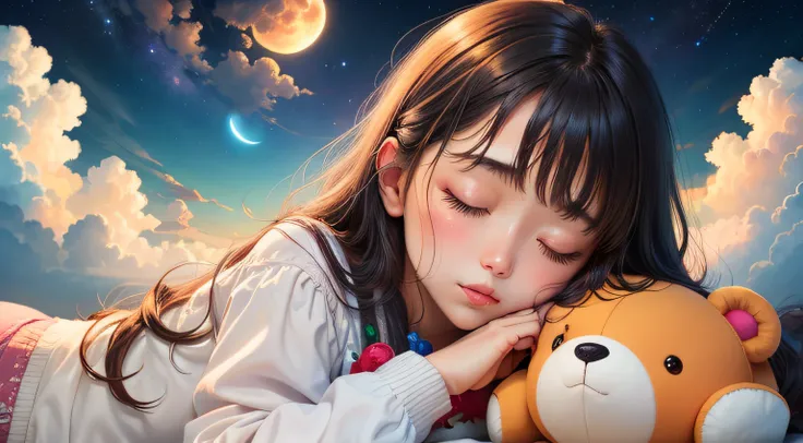 colorful、on clouds、kosmos、Big Moon、realistic、The girl is sleeping、Only one stuffed animal、超A high resolution