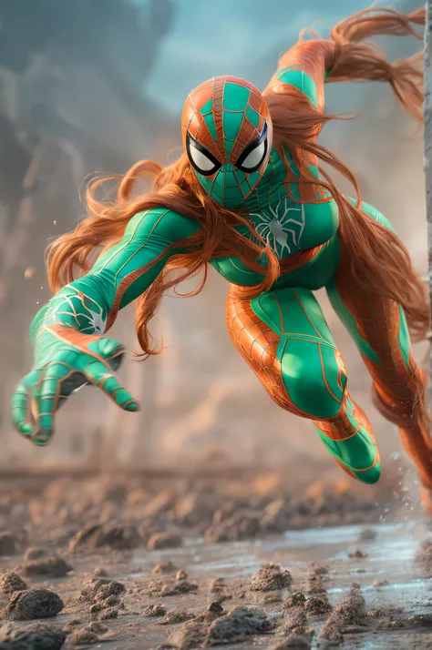 A full body of a naked human long-orange-haired female ice-blue/green spiderman in action. She is fighting against an Alien-Venom. masterpiece, best quality, photo-realistic, 8k, high resolution, detailed brown skin, 8k uhd, dslr, soft lighting, high quali...