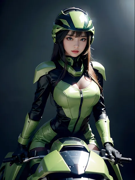 Highest image quality, outstanding details, ultra-high resolution, (realism: 1.4), the best illustration, favor details, highly condensed 1girl, with a delicate and beautiful face, dressed in a black and green mecha, wearing a mecha helmet, holding a direc...