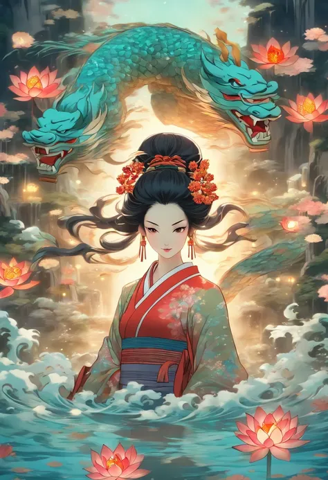 (((Izanami))),woman,Black hair,,Japanese woman, Lunar Entourage, Feudal Japan, water, underwater, Shui Mo Hua, lotus, Chinese painting style, Thangka style, master piece, lunar light, depth of field, best quality