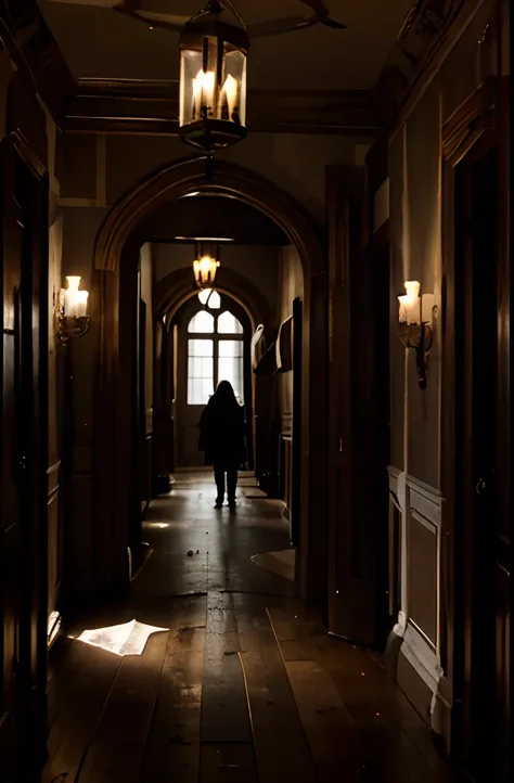 "A long, dark corridor with weathered wooden doors on both sides. Antique chandeliers hang from the ceiling, casting eerie, dense lighting. A ghost made of white smoke stands in the corridor, transparent. The entire scene evokes the memory of a haunted hou...