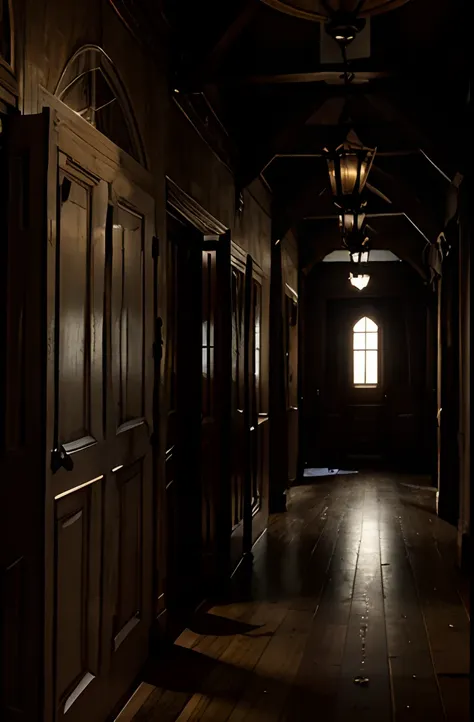 "A long, dark corridor with weathered wooden doors on both sides. Antique chandeliers hang from the ceiling, casting eerie, dense lighting. A ghost made of white smoke stands in the corridor, transparent. The entire scene evokes the memory of a haunted hou...