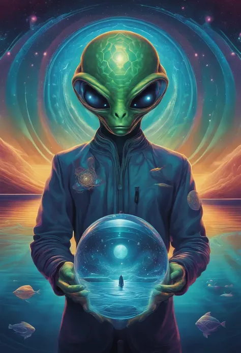 "Por favor, Create an image of an alien scientist mixing aquatic but gray fish in cartoon style wearing futuristic clothes in front of a blue background. A imagem deve ser uma arte digital inspirada em Andrei Kolkoutine, Tumblr, psychedelic art and sacred ...