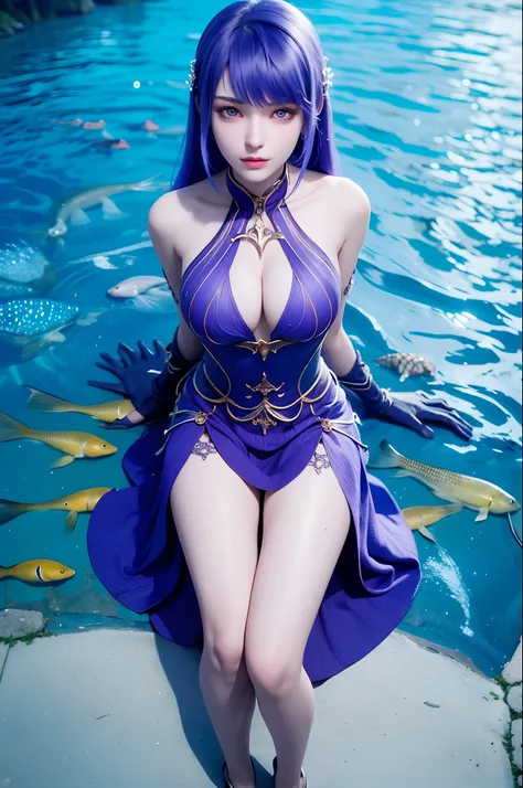 Menina coreana de 25 anos，1个Giant Breast Girl，menina no topo， Mergulho， s o rosto perfeito， Olhos eBlue， renda，  mergulhar，deep underwater，Shuixia，quebrar，tons de azul，(((cercado de peixes))) full body, purple hair,