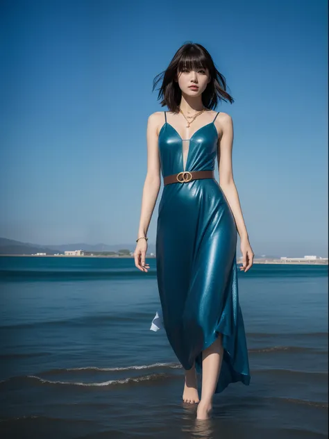 (Best Quality, 8K, 32K, masutepiece, nffsw:1.2),Photo of Pretty Japanese woman, 1girl in, (medium-short dark brown hair), 二重まぶた, Fashion Model, Beautiful legs, Maxi very wet blue dress with slit, Gold Belt, a necklace、Stand tall,、Full body, see through,Lar...