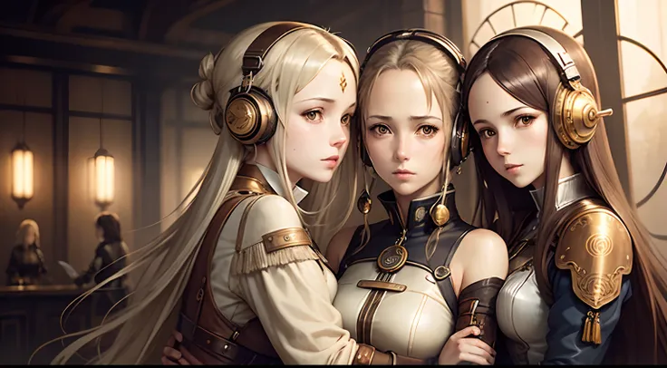 three mature women, one girl hugging the other girl from behind, flowing hair, range murata, last exile, steampunk, decorative headphones, decorative steampunk background, gold halo,