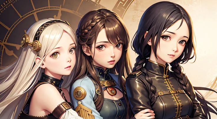 two women, one girl hugging the other girl from behind, flowing hair, braided hair, range murata, last exile, steampunk, golden halo, rivited metal and leather, vintage watches