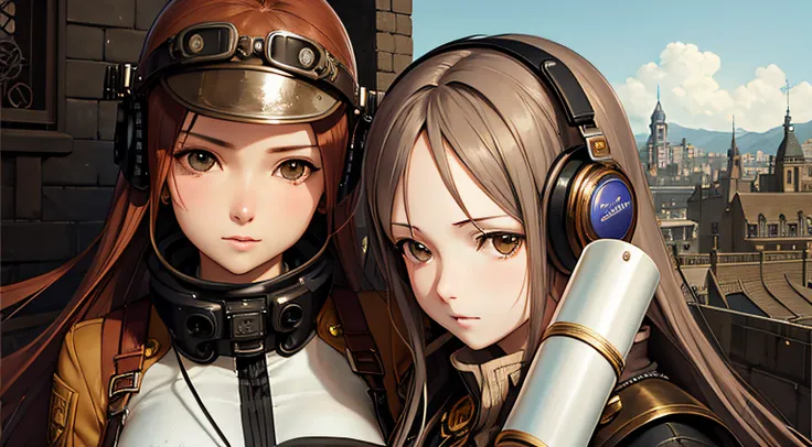 two women, one girl hugging the other girl from behind, flowing hair, range murata, last exile, steampunk, decorative headphones,