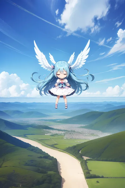 angelicales　Chibichara　large wings on the back、Floating in the air　long hair with blue hair((Chibi Chara))、Fluffy、girl with、Chibi Chara、full body Esbian、angel costume、Pastel colors hair、masutepiece、top-quality、Vast landscape in the background(a picture)