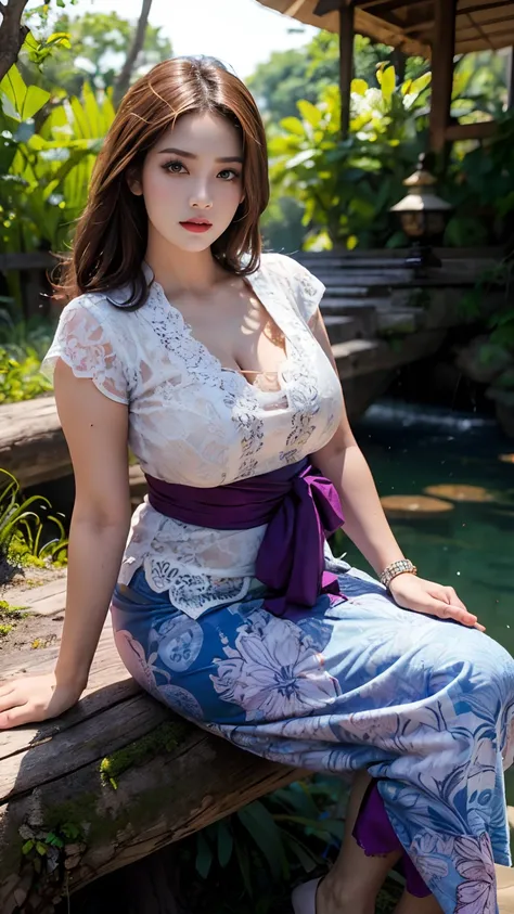 a female in sexy kebaya with intricate detailed ornate and intricate batik sarong, saggy huge boobs, sitting on the rotten wood ...