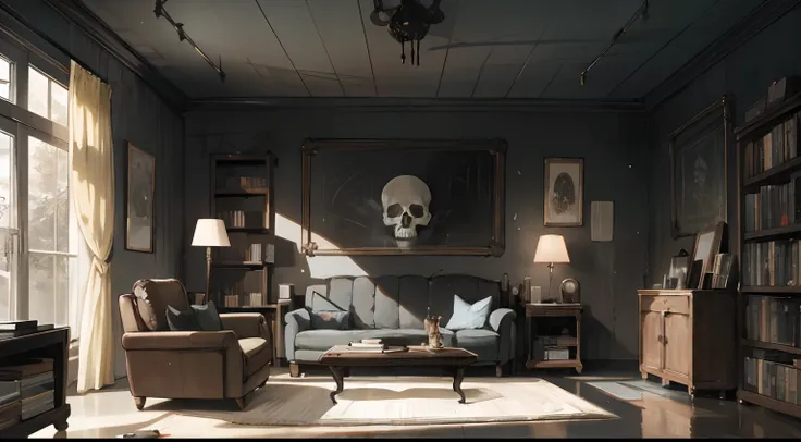 a room of the punk goth girl, interior, background art, dim lit, rocker poster, skull decorations, Metal music, emo, minimal pictures on the wall, (dark gray concrete walls), linen curtain, sofa, coffee table, dripper, vintage radio, vintage vinyl players,...