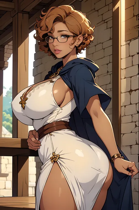 Solo, female, tan skin, curly hair, (((short hair))), light mahogany hair, lipstick, eyeliner, eyelashes, thick eyelashes, big breasts, white linen tunic, navy cloak, glasses, fantasy village, big butt