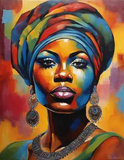 Makeup of a black woman, Afro-race ethnique, with a colored background, visage abstrait, Portrait abstrait, stylized face, Peinture Pop Art, Very expressive detailed face, expressive female face, inspired by an African painter, Belle peinture expressive, D...