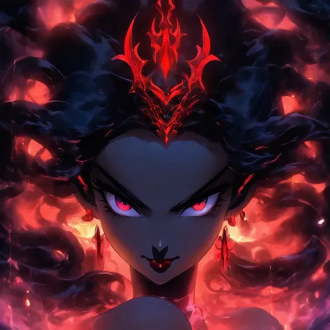 (best quality,highres,ultra-detailed),elegant regal succubus,black lipstick, long black hair, red eyes, seductive expression, evil demeanor, sultry gaze, luxurious black gown, elaborate headpiece, dark and mysterious background, atmospheric lighting, ether...