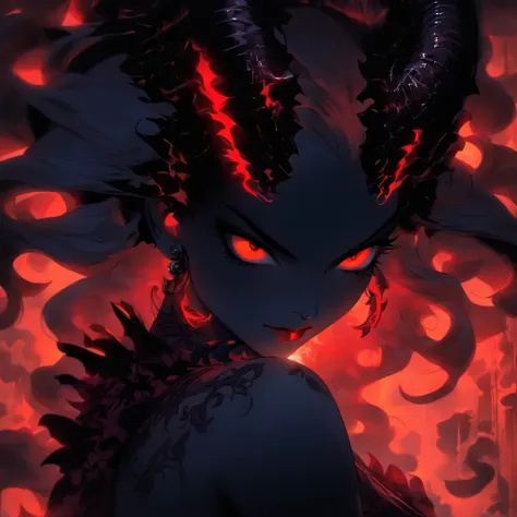 (best quality,highres,ultra-detailed),elegant regal succubus,black lipstick, long black hair, red eyes, seductive expression, evil demeanor, sultry gaze, luxurious black gown, elaborate headpiece, dark and mysterious background, atmospheric lighting, ether...