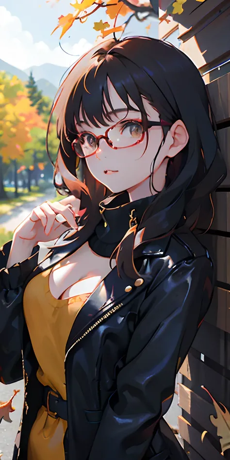 realisticlying、girl with、Outdoor Fashion、Autumn leaves Autumn leaves、Beautiful ginkgo tree、Wearing glasses, Breasts slightly larger、Emphasizes cleavage、Sexy Posing、Nature views