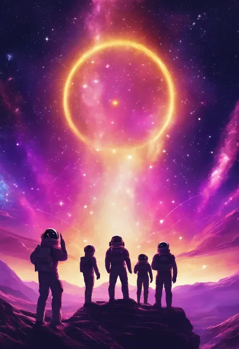 A group of people stood in front of a huge bright purple-gold halo