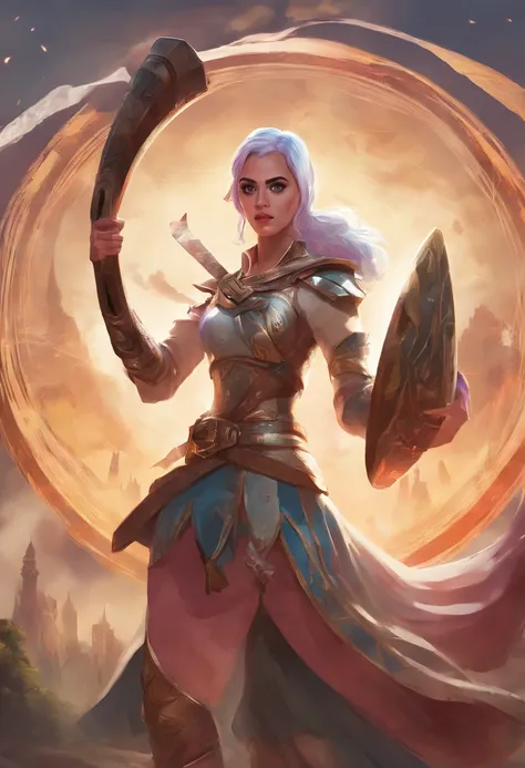 Katy Perry holding a giant round boomerang, battle pose, medieval fantasy theme, League of Legends art style