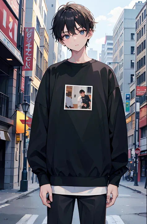 HD claro, melhor imagem, Illustration quality, super detalhado, rosto claro, um jovem de moletom casual preto, standing on the street during the day