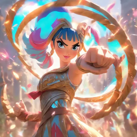 Katy Perry holding a giant round boomerang, battle pose, medieval fantasy theme, League of Legends art style